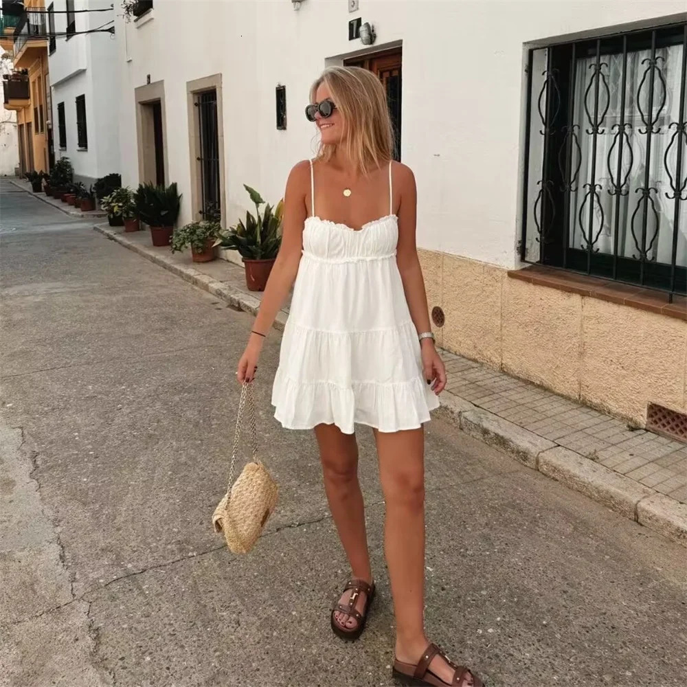 BMURHMZA 2024 Summer Product Womens Fashion Sleeveless Sexy Midi Layered Splicing Strap Short Dress Skirt 250207