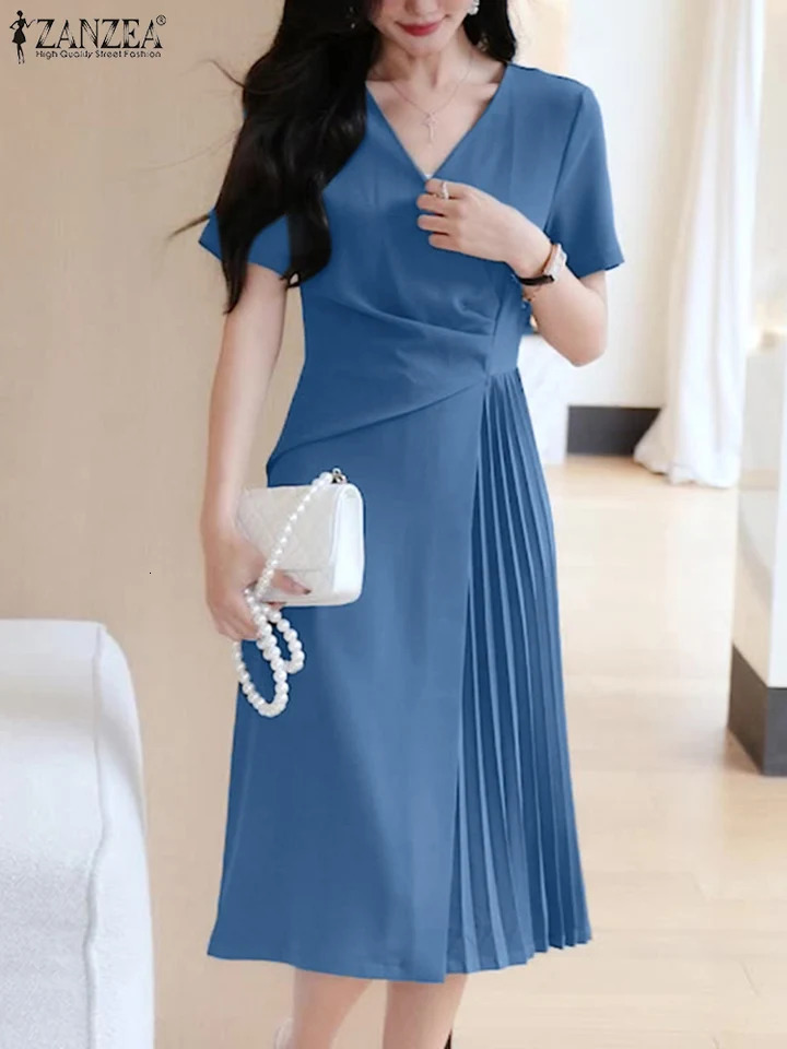 Summer Women Elegant OL Work Sundress V Neck Party Dress 2024 ZANZEA Fashion Short Sleeve Femme Solid Pleated Midi Dresses 250207