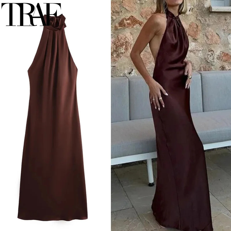 TRAF Halter Satin Long Dres Tied Backless Brown Midi Dress Summer Off Shoulder Party Dresses Pleated Evening 250207
