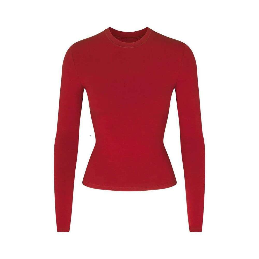 Women's autumn fashion SK style, solid color round neck long sleeved high neck waist cinched basic top for women's casual base shirt