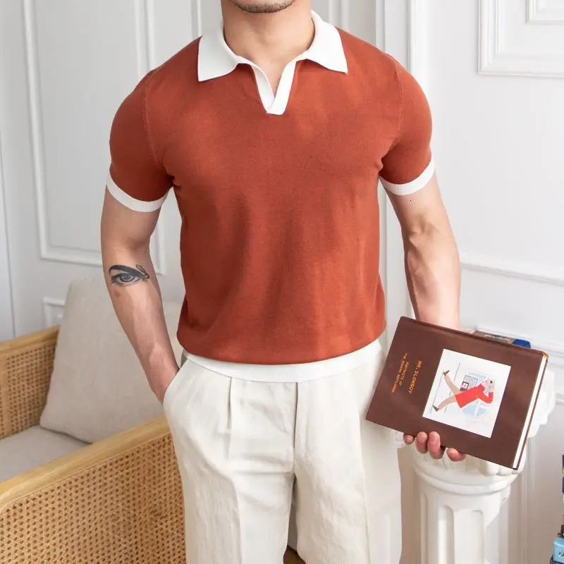 Spring Summer Fashion Elegant Polo Neck Knitted Tees Casual Versatile Western Clothing Loose Slim Mens TShirts 250207