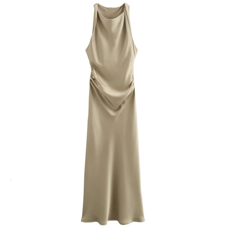 HXAO Womens Satin Long Dress Summer Midi Ruffle Evening ONeck Sleeveless Green White Black Sun 2024 250207
