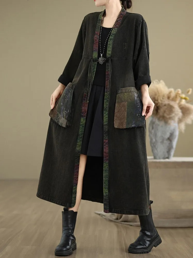Denim ultrafine autumn Midi coat womens printed patch work fashionable retro Vneck jacket loose pleated long sleeved 250208Z