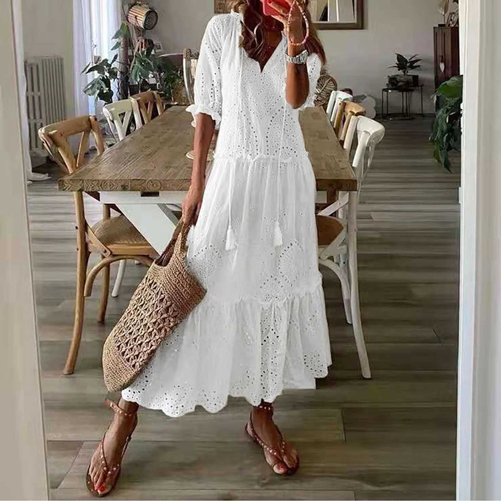 A Line White Dresses Woman Vintage Hollow Boho Style Drstring Long Dresses Summer Lantern Sve Maxi Dress Women W250208