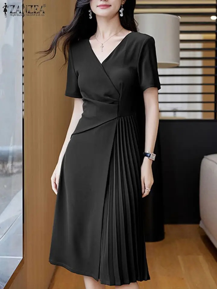 Summer Women Elegant OL Work Sundress V Neck Party Dress 2024 ZANZEA Fashion Short Sleeve Femme Solid Pleated Midi Dresses 250207