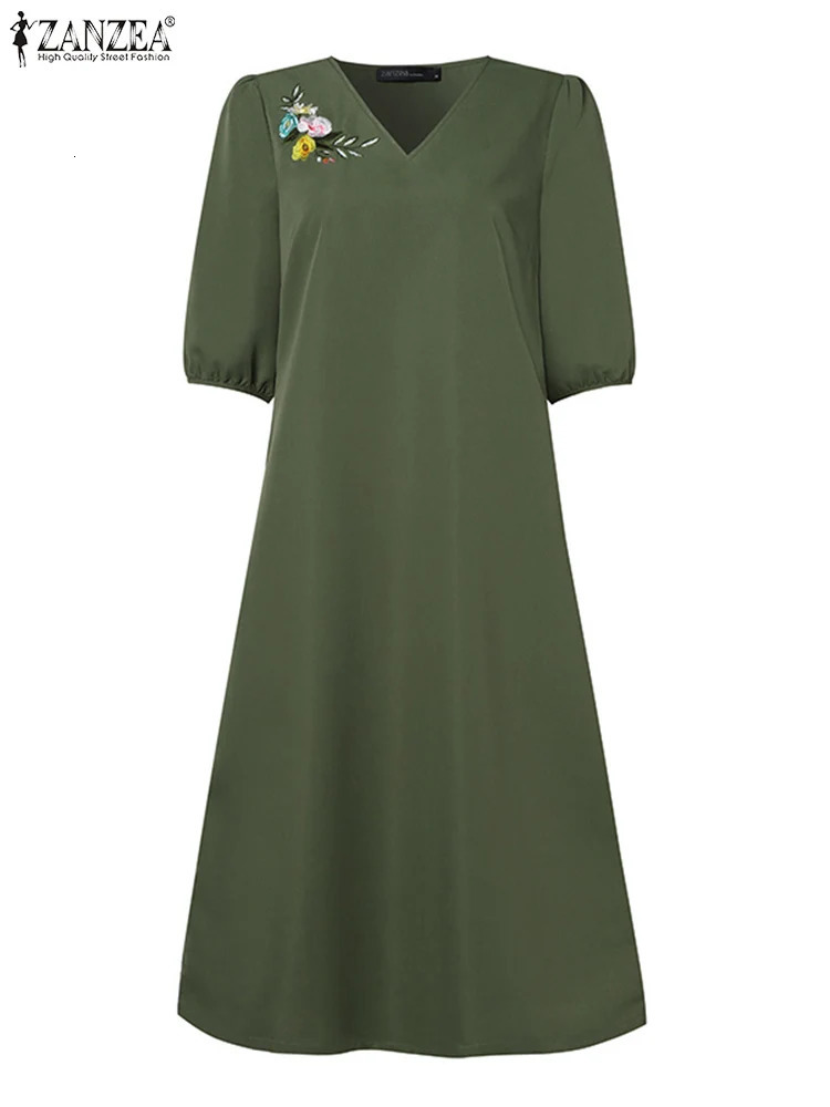 ZANZEA Women V Neck Aline Dresses Solid Holiday Casual 2024 Summer Commute Half Sleeve Floral Embroidery Midi Dress 250207