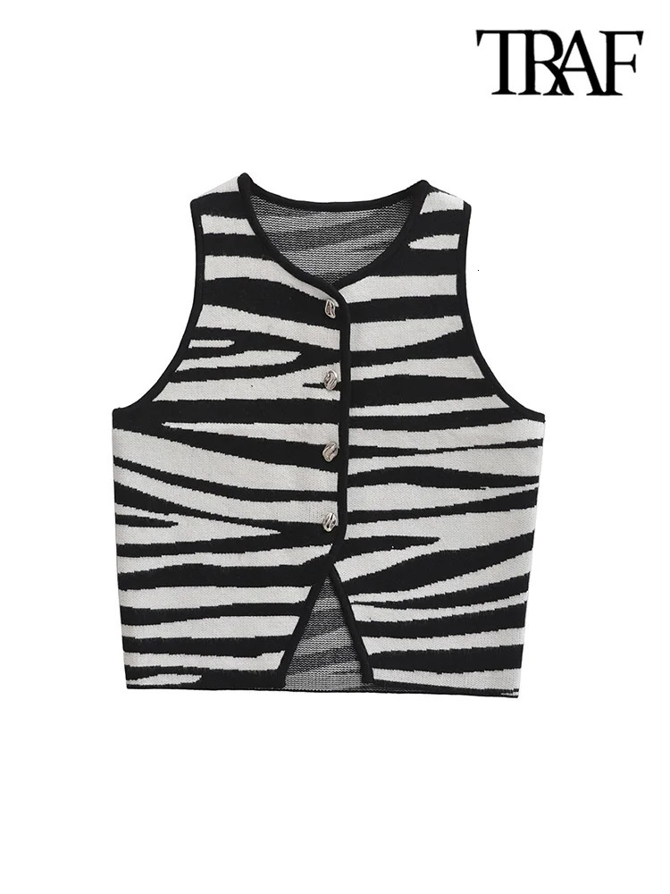 TRAFWomens Front Button Cropped Knit Vest Sweater V Neck Sleeveless Female Waistcoat Chic Tops Fashion 250207