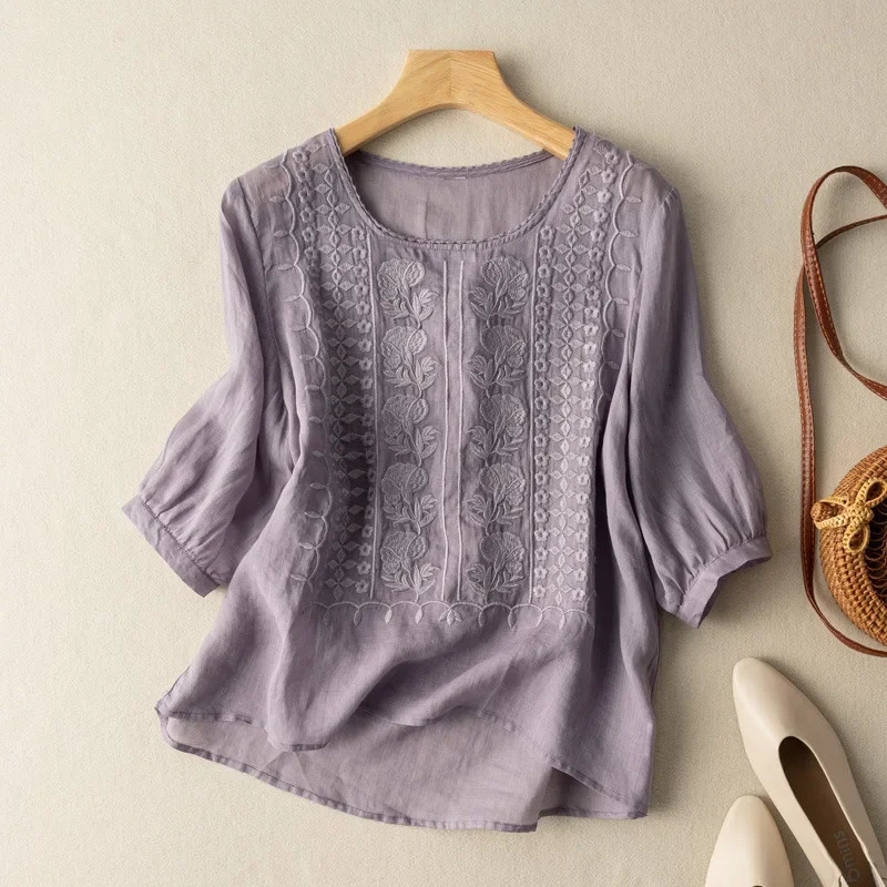 LooseFit Cotton Linen Summer Top 2023 Style Embroidered Vintage Shirt Womens Crew Neck Thin Version Large Size 250121
