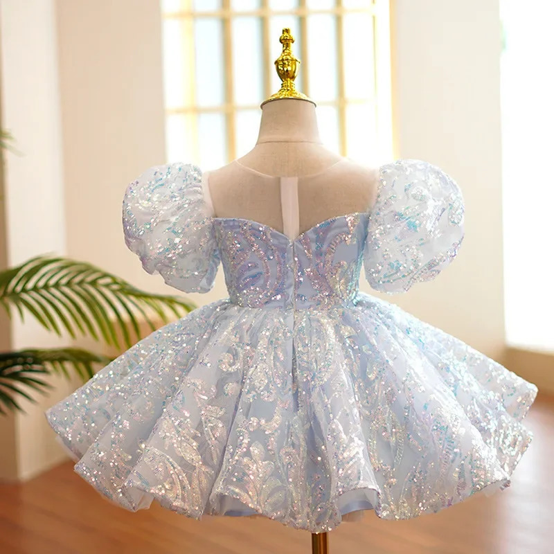 Kids Birthday Party Dresses for Little Girl Size 2 To 14 Years Prom Sequin Dress Gowns Sky Blue Evening Formal Frock 250114