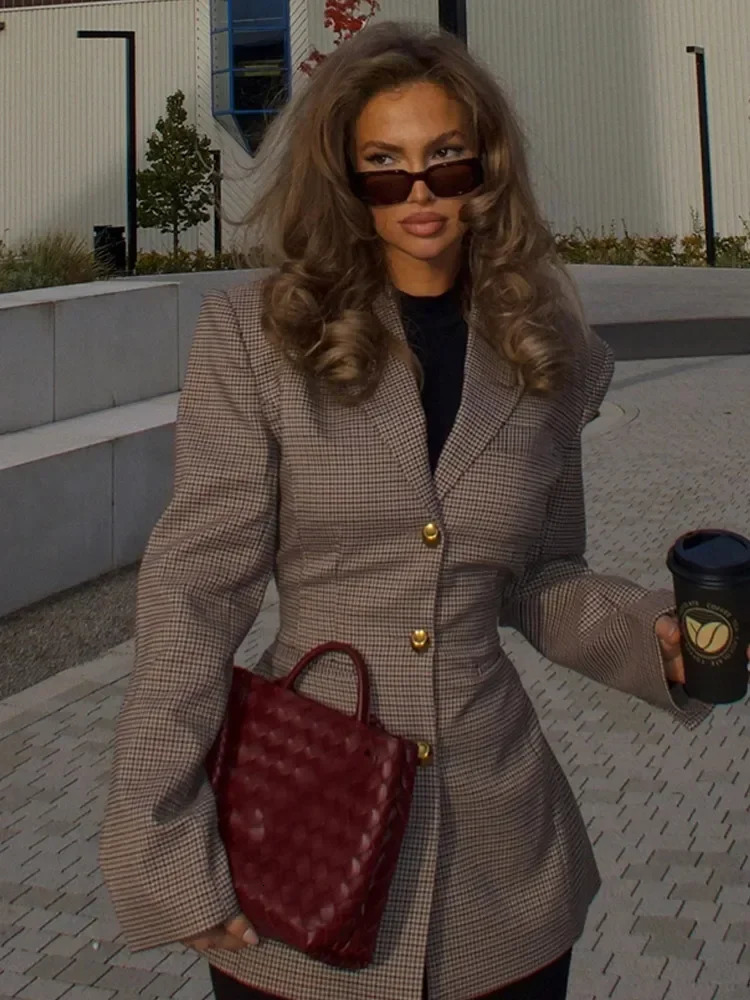 Womens Lapel Long Sleeves Plaid Jacket Khaki Woman Commute V Neck Loose Coat Female Fashion Charm Office Street Outercoats 250208Z