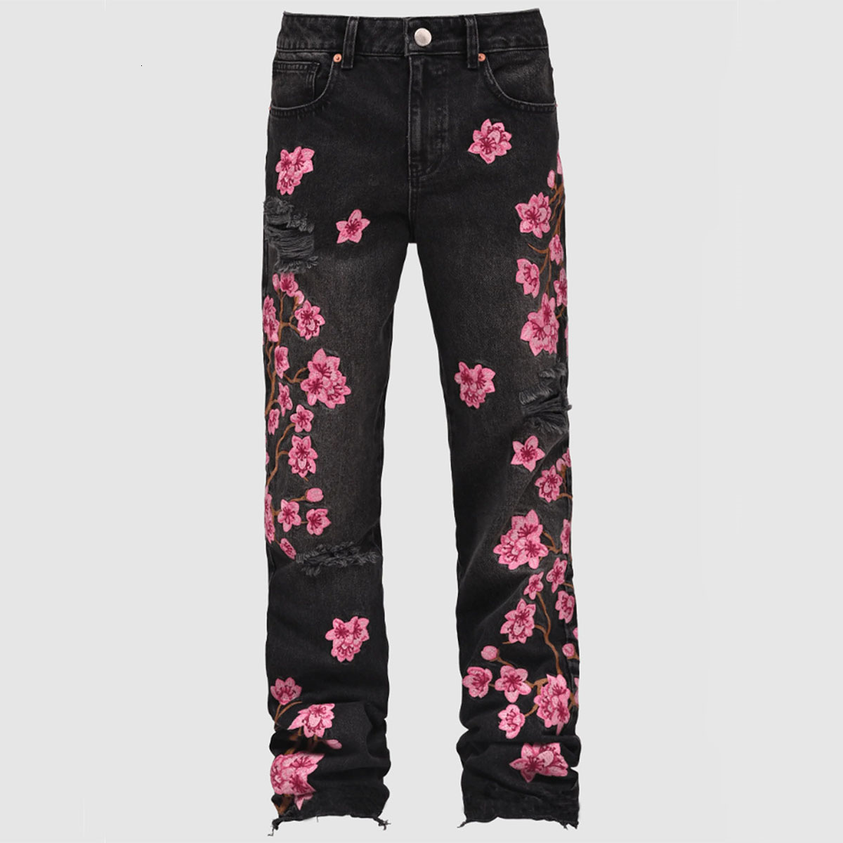 Y2K bagged cherry blossom embroidered pattern jeans Harajuku retro hip-hop streetwear mens Gothic casual wide leg pants 240911