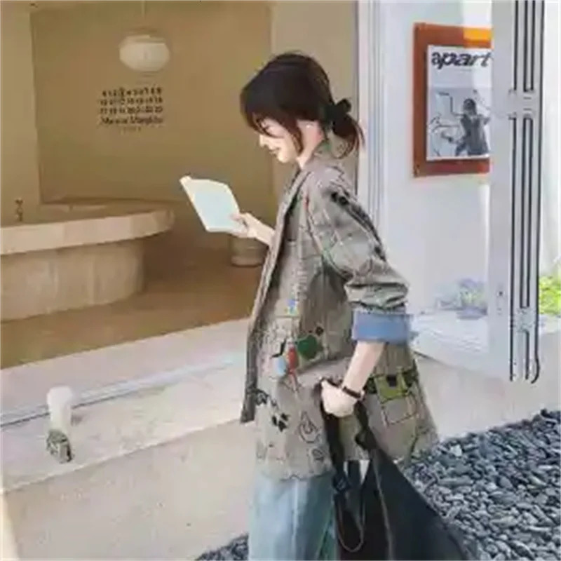Grey checkered suit womens jacket spring/summer item double-layer corset collar loose casual graffiti print set 250207