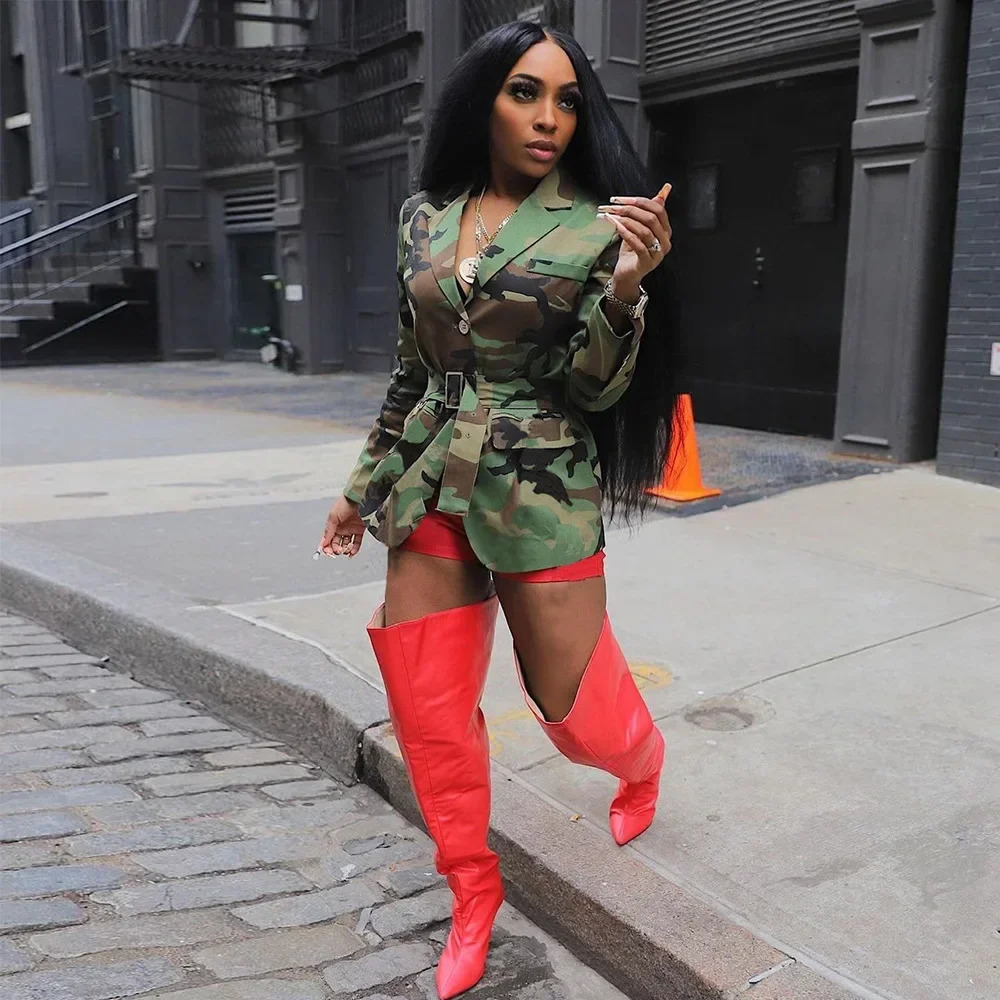 Womens OL Work Long Sleeve Notched Collar Street Trailblazer INS Camouflage Printed Belt Trailblazer Top Street Coat 250207