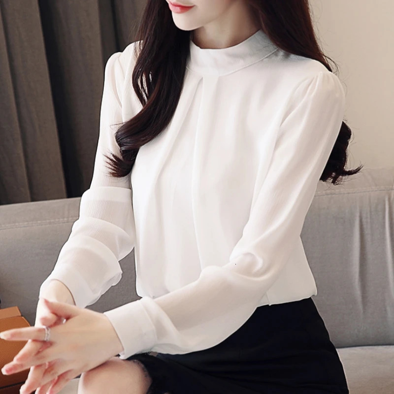 2025 Spring Autumn Chiffon White Womens Blouse Long Sleeve Stand Collar Elegant Workwear Office Lady Korean Shirts Female 250121