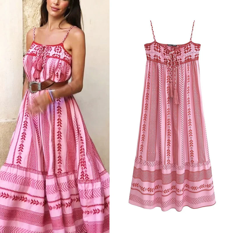 TRAF Long Dresses 2024 Summer Womens Elegant Midi Ladies Fashion Casual Print Embroidery Butterfly LaceUp Slip Dress 250207