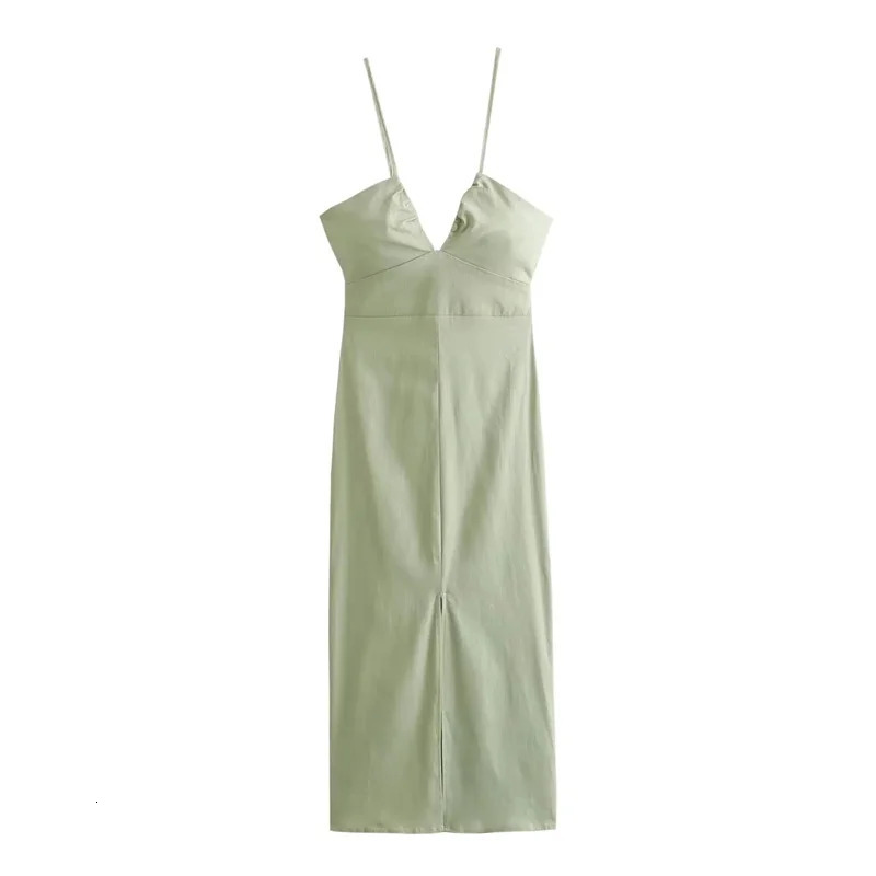 TRAF 2024 Green Slip Midi Dres Sleeveless Backless Summer Sexy Long Dresses Slit Evening Party 250207