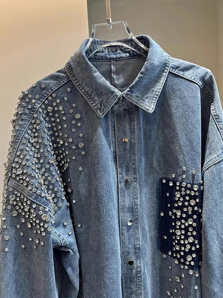 High Street Heavy Industry Rhinestone Blue Denim Jacket Shirt Loose Casual Jean Jacket Spring Autumn Womens Clothing 250116