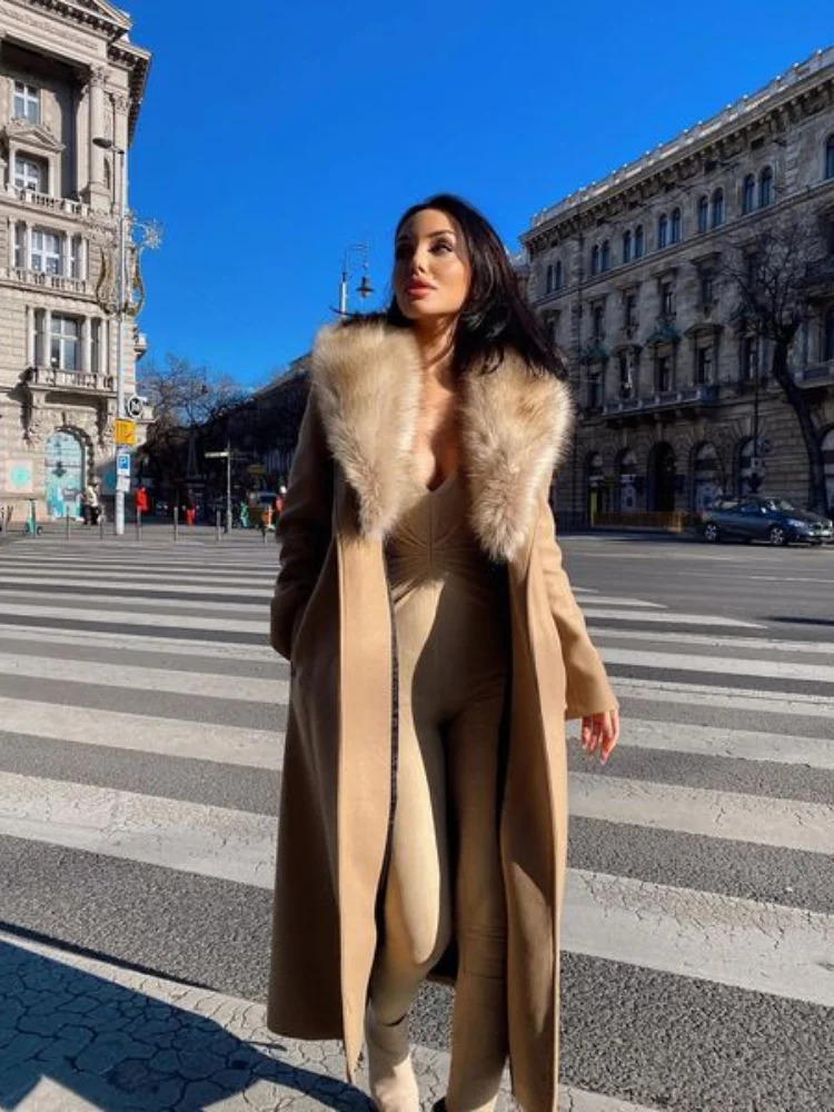 Elegant Fur Lapel Maxi Coat Lace Up Full Sleeve Pocket Wool Long Overcoats 2024 Winter Lady High Street Outwear 250110Z