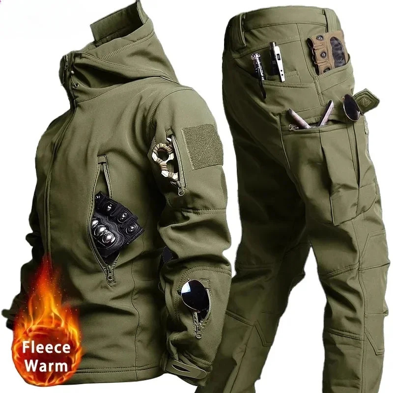 Tactical Waterproof Men Camo Set Soft Shell Fleece Winter Combat Suit Windbreak Warm Multi Pocket Outdoors Training Uniform 250207