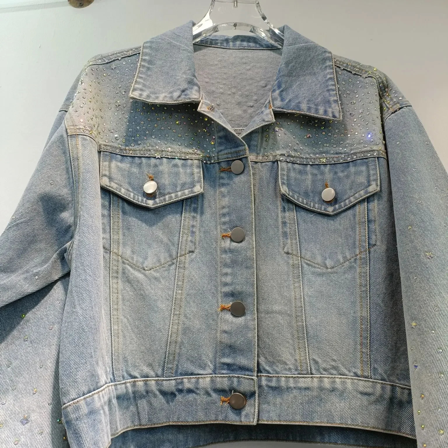 Style Denim Jacket Womens Cropped Top Loose Fit Casual Diamond Embellished Gradient Denim Coat From Korea 250122
