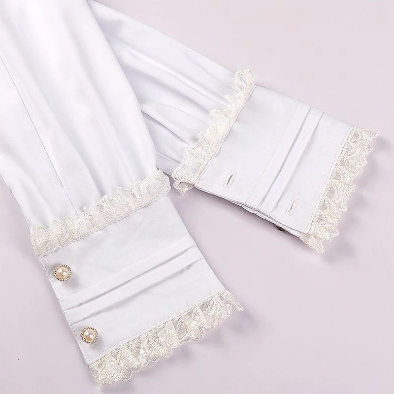 Vintage Ruffles White Shirts Women Japanese Preppy Lolita Bow Bandage Blouses Gothic Lace Patchwork Black Long Sleeve Slim Tops 250121