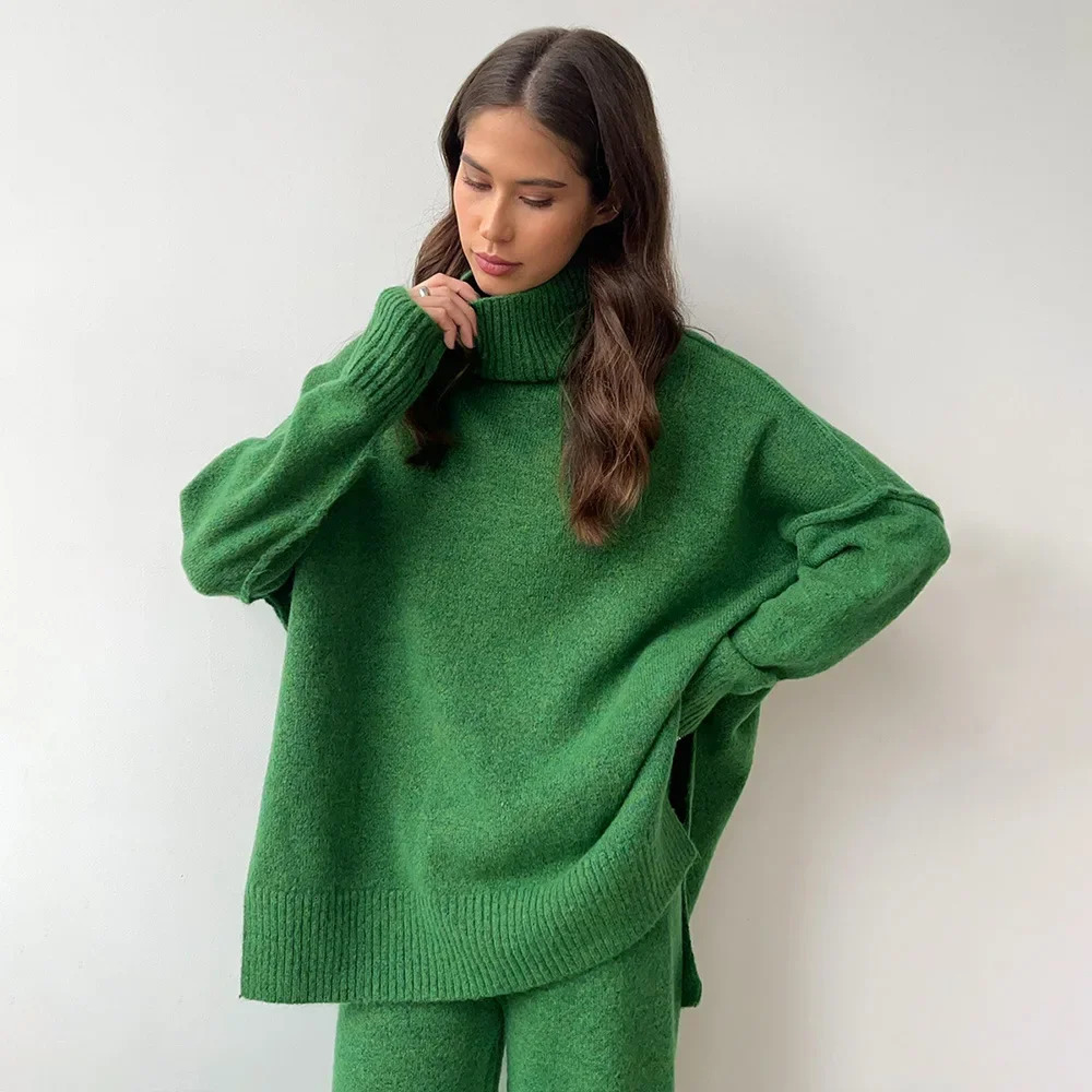 turtleneck sweater set womens European American autumn and winter loose casual lazy thickened knitted trousers set 250207