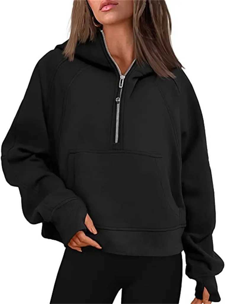 Autumn Winter Womens Yoga Suit Scuba Half-Zip Hooded Sweatshirt Loose Fit Cropped Fleece Lining Cap-Sleeve ThickenedT250207