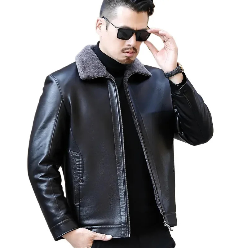 Mens Fur One Casual Thickened Motorcycle Jacket Fashion Leather Male Plus Cashmere Sheep Short Coat 250109
