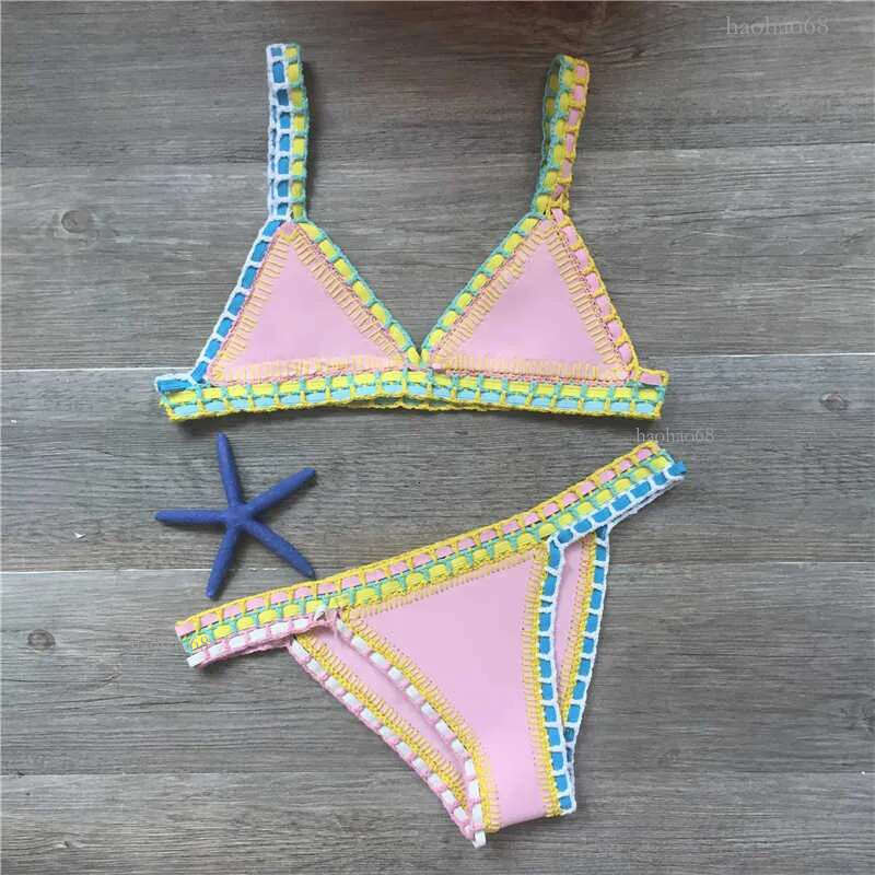 Women's Swimwear Crochet Bikini Swimwear 2022 Women Sexy Knit Patchwork Handmade Neoprene Boho Beachwear Bathing Suit Swimsuit Brazilian Biquini 
