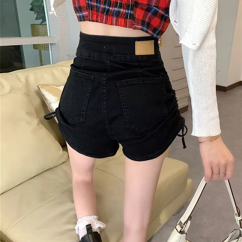 2025 New Women's Designer Chic Drawstring Pleated Denim High Waisted A-e Jeans With Pockets, Casual Slim Fit Shorts Summer Pants