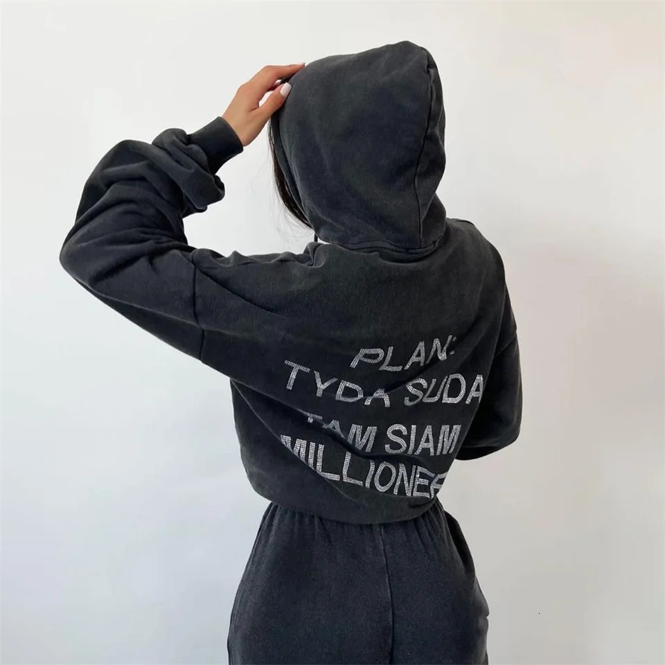Autumn And Winter Women Clothing Harajuku Letter Retro Diamonds Y2k Distressed Hoodies Loose Causal Hooded Womens Sweatshirt 250110
