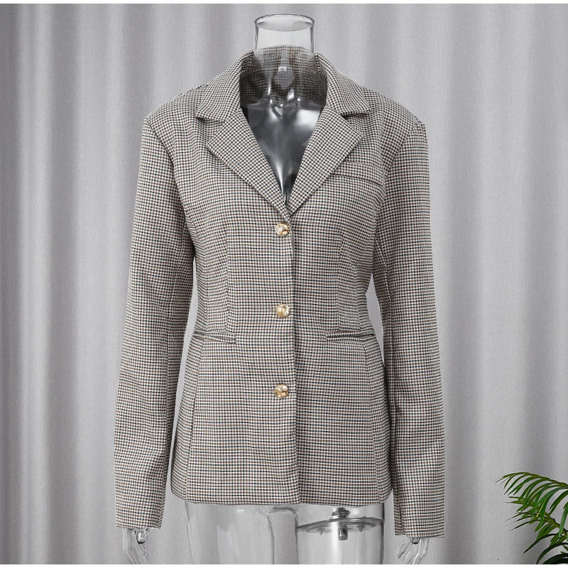 Womens Lapel Long Sleeves Plaid Jacket Khaki Woman Commute V Neck Loose Coat Female Fashion Charm Office Street Outercoats 250208Z
