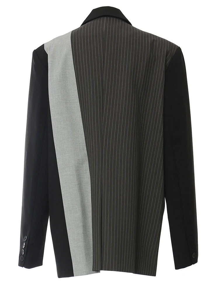DEAT Fashion Womens Stripe Blazer Notched Single Breasted Pockets Contrast Color Cotton Suit Jackets Summer 1DH5935 250207