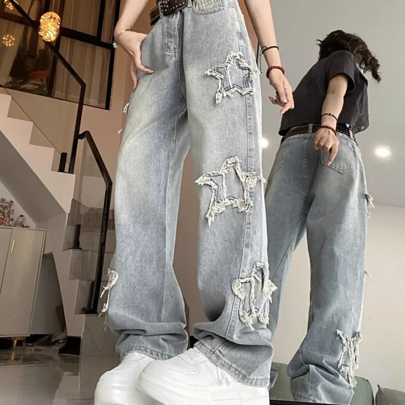 American Retro Star Blue Jeans for Women Korean Ins Highwaisted Straight Wideleg Trousers Baggy Female 250206