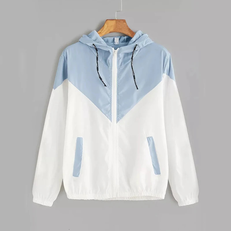 Fashion Hooded Windbreaker Jacket Women Elegant Color Block Patchwork Zipper Bomber Autumn Casual Coat Outerwear Raincoat 250207