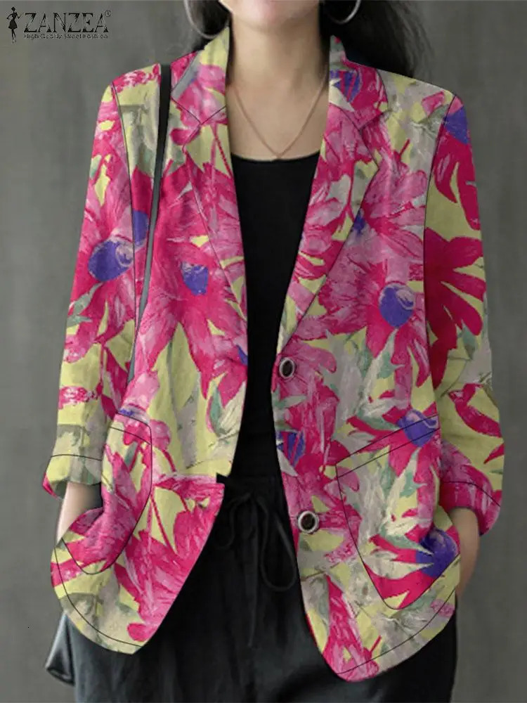 ZANZEA Autumn Women Blazer Bohemian Floral Printed Thin Coats Casual Lapel Neck Long Sleeve Suits Outwear Woman Jackets Oversize 250207