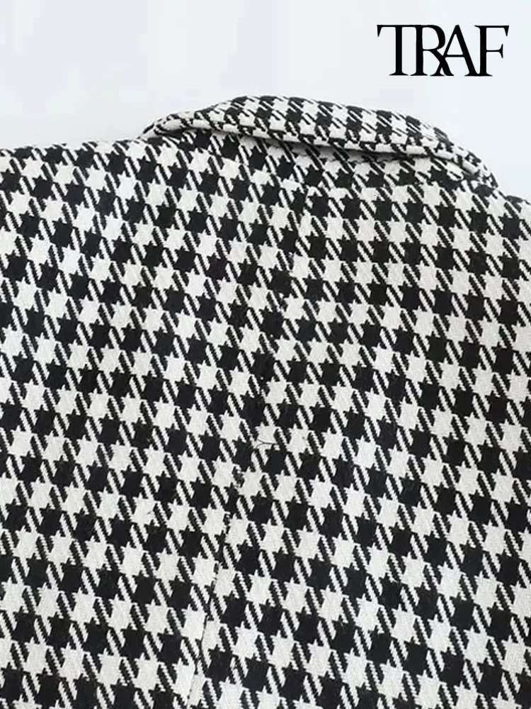 TRAF Women Fashion Double Breasted Houndstooth Blazer Coat Vintage Long Sleeve Flap Pockets Female Outerwear Chic Vestes 250208wtt