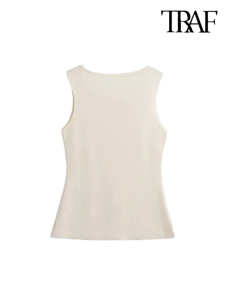 TRAFWomens Knitted Vest with Golden Buttons Sleeveless Sweater O Neck Chic Tops Female Waistcoat Fashion 250207