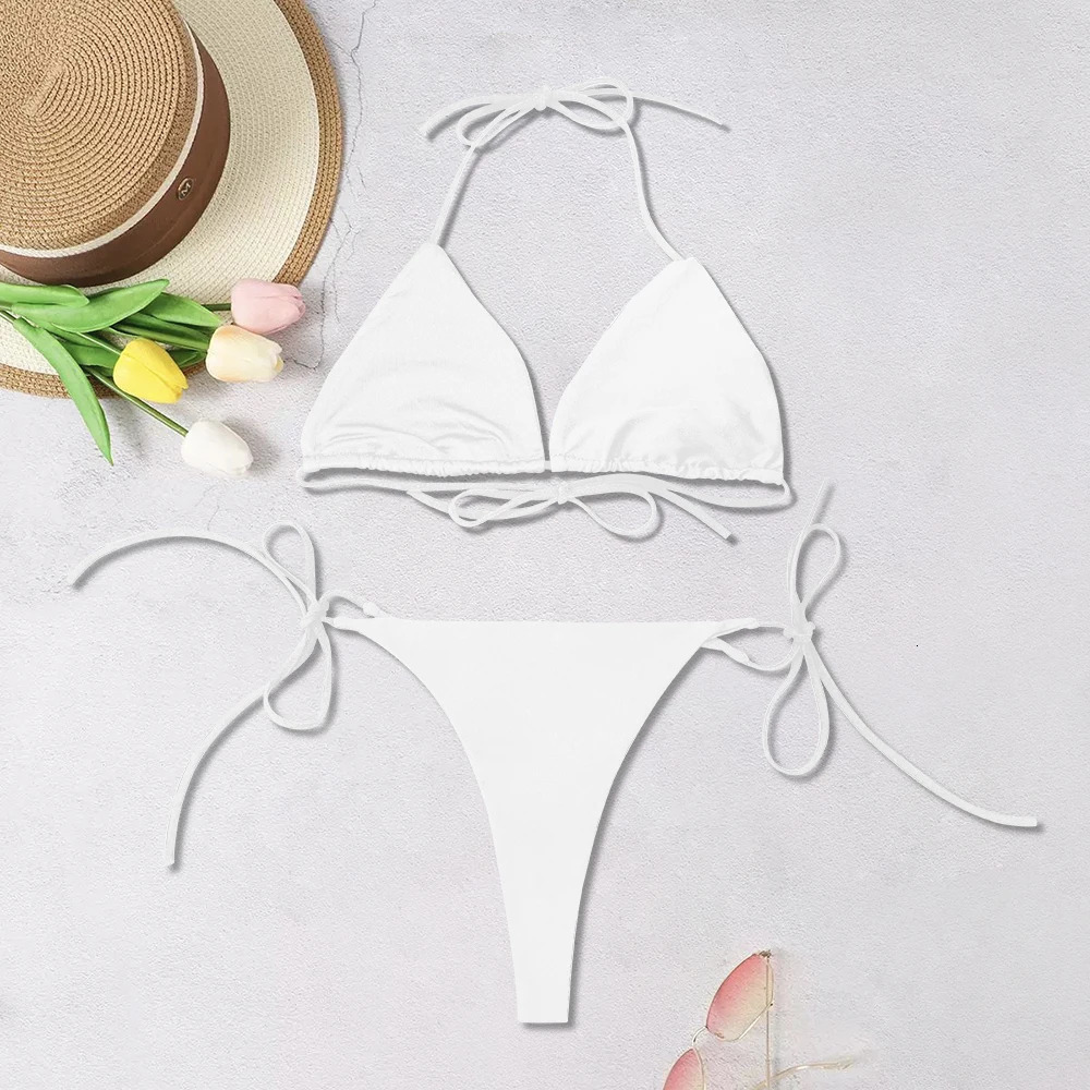 2024 Womens Solidcolor Separate Beach Wear Sexy Halter Threepoint Bikini Backless Adjustable Laceup Swimsuit 250208Z
