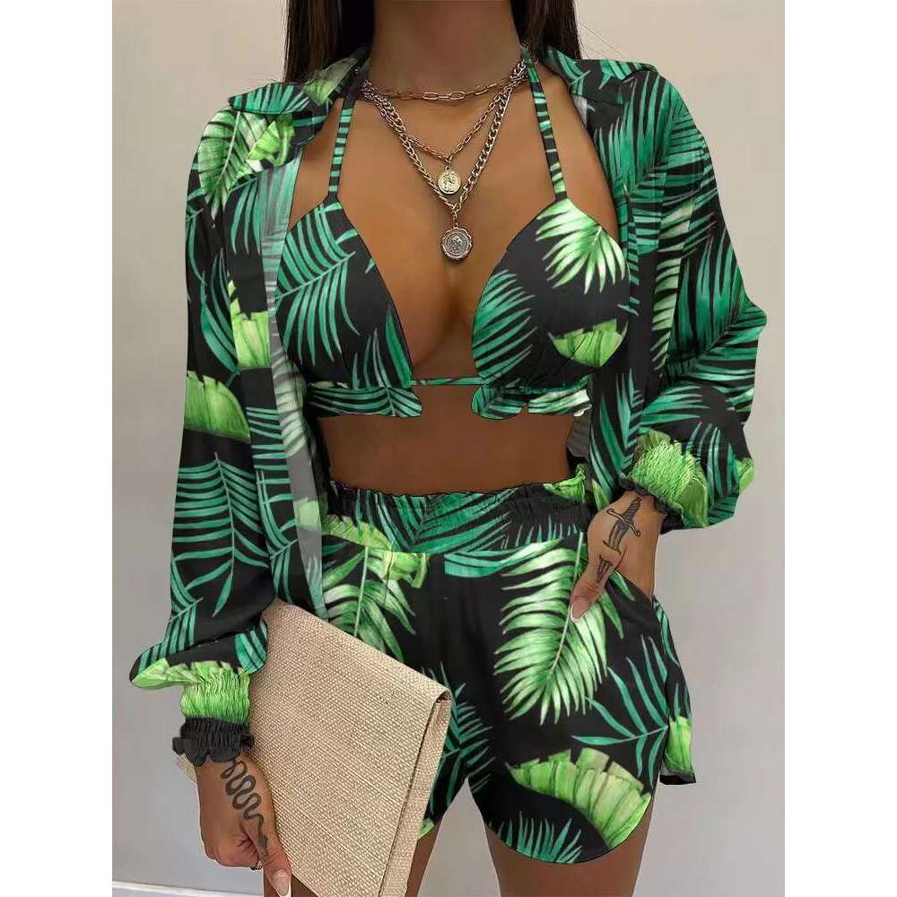 New Green Print High Waist Bikini Sets Swimsuit Women Sexy Lace Up Three Pieces Swimwear Beachwear For Bathing Suit