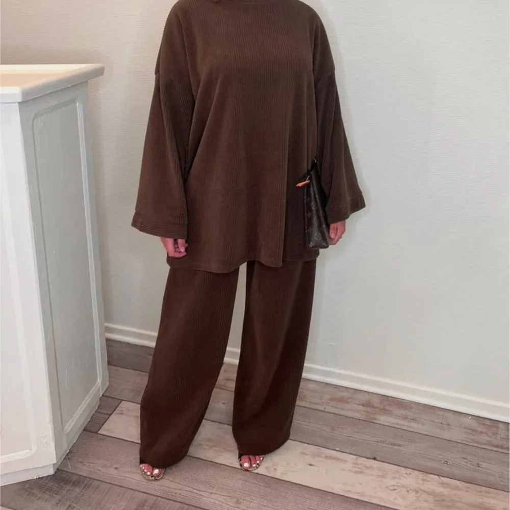 Spring Autumn Solid Color Corduroy Pants Sets Women Loose Long Sleeve Wide Legs Trousers Two Piece Set Female Commuting Clothing 250207