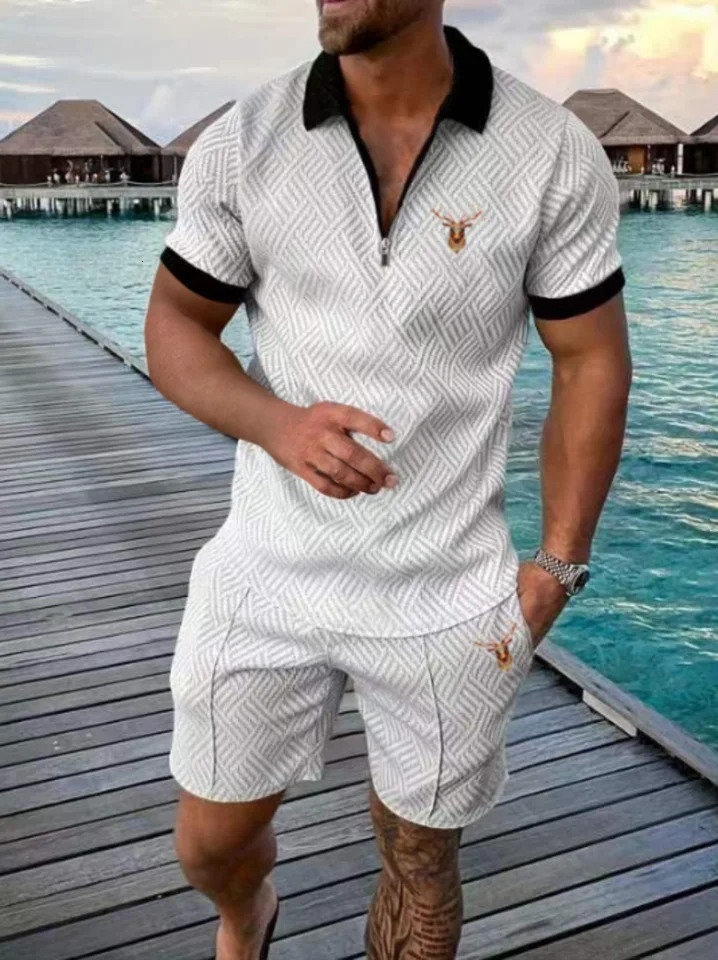 2025 Spring and Summer Fashion Mens Shortsleeved Lapel Suit Casual Deer Head Print Twopiece Daily Wear POLO 250207