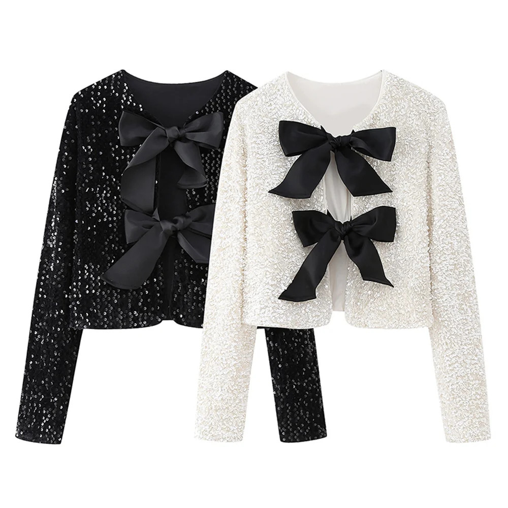 UNIZERA Autumn/Winter Product Womens Fashionable and Stylish Round Neck Long sleeved Bow Tied Sequin Suit Coat 250207