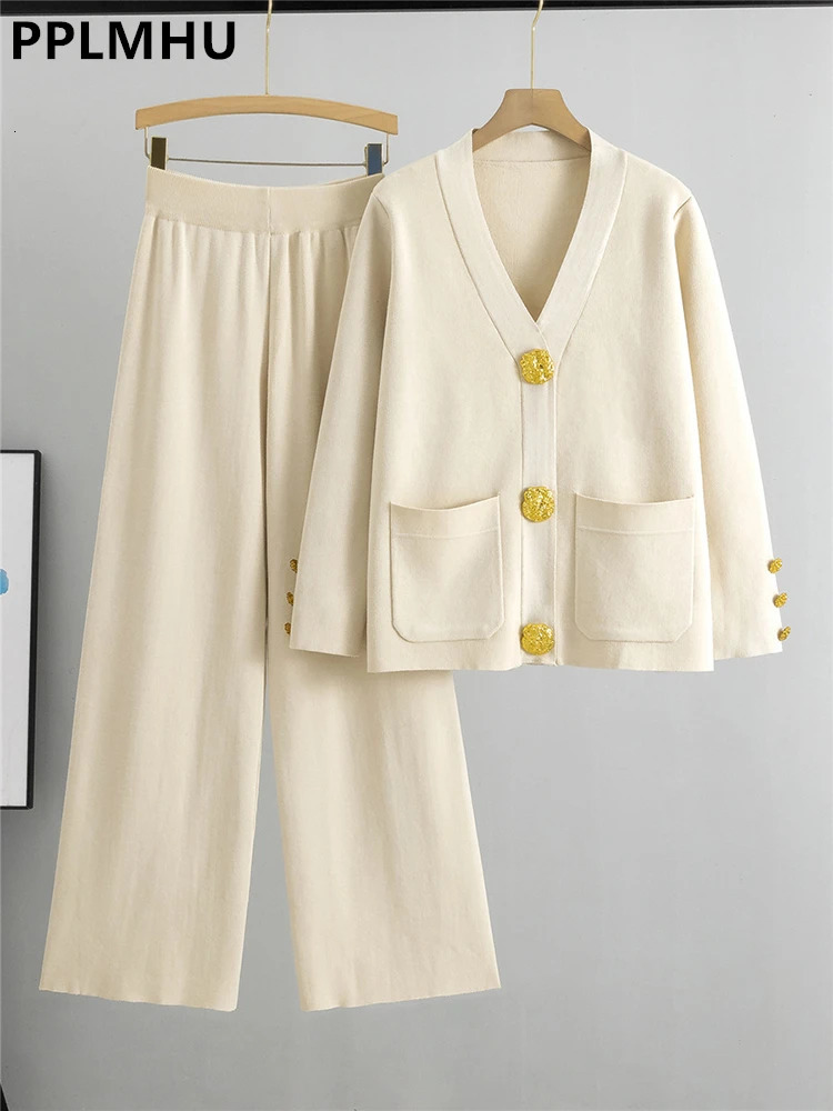 Fall Winter Womens Knit Sweater Sets Large Gold Button V-neck Cardigan Coats Conjunto High Waist Baggy 95cm Wide Leg Pants Suit 250207