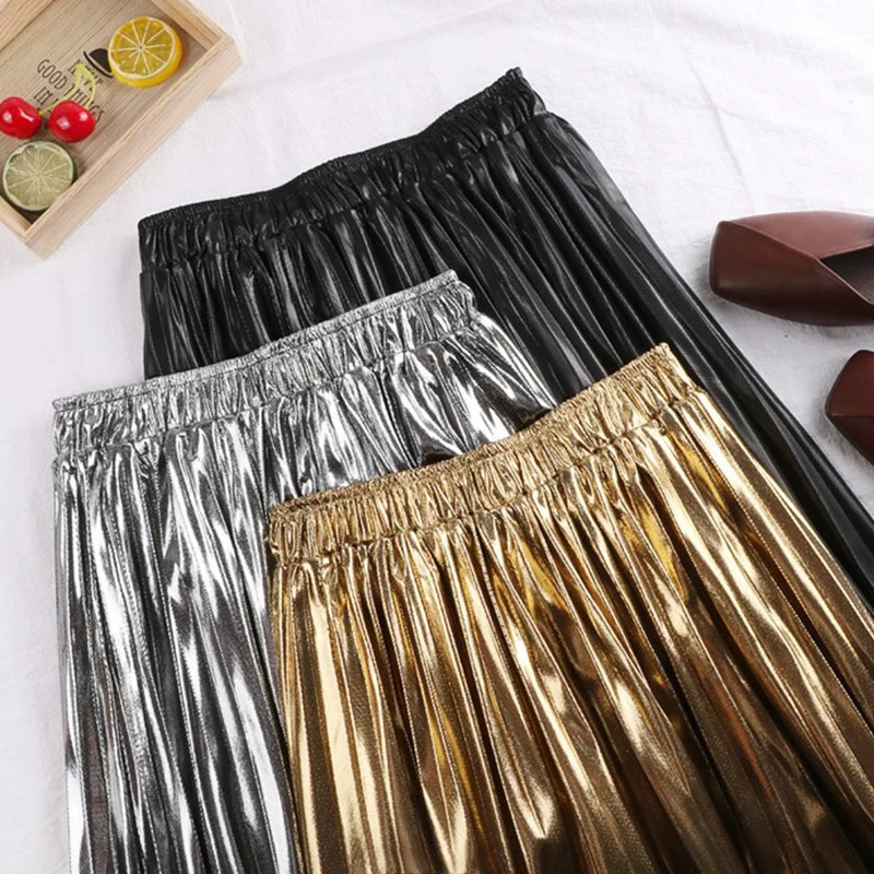 High Waist ALine Midi Pleated Skirt For Women 2024 In Autumn Winter Korean Fashion Gold Silver Elegant Long Skirts 250208Z