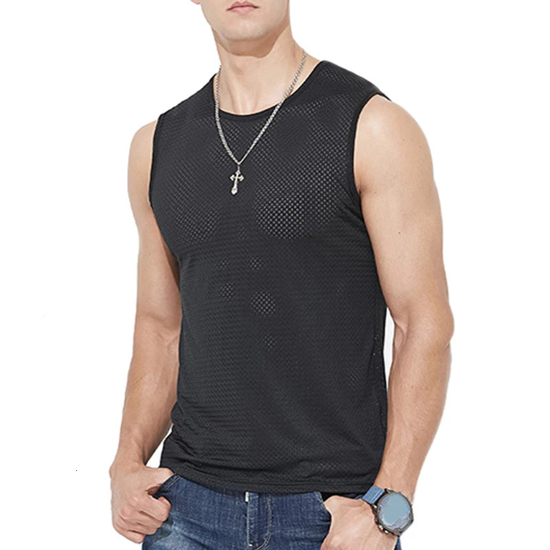 Summer QuickDrying Tees Men Tank Tops Male Bodyshaper Fitness Mesh Breathable Singlets Undershirt Solid Color Sleeveless Shirts 250207
