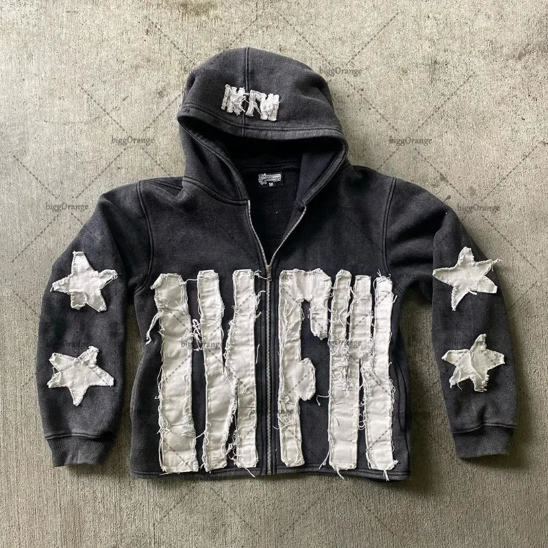 European and American letter embroidery super large hooded sweatshirt womens Y2K street couple jacket retro loose zipper sportswear mens style 250207