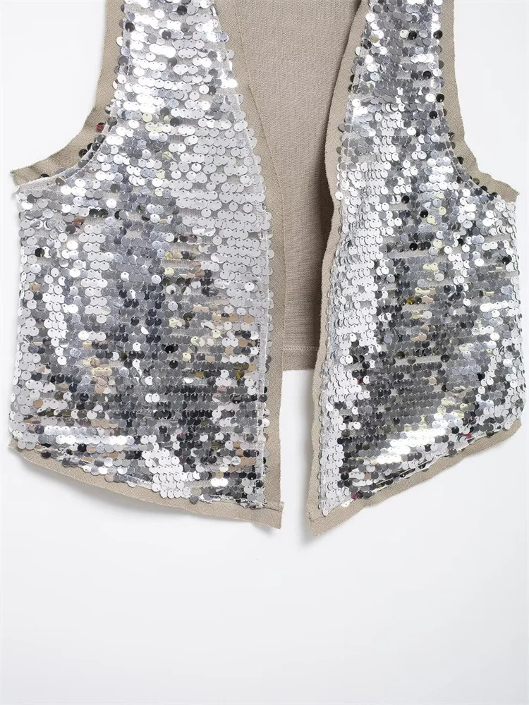 Zevity Women Euro V Neck Sequined n Patchwork Vest Jacket Lady Sleeveless Open Stitching Casual Retro WaistCoat Tops CT6229 250207