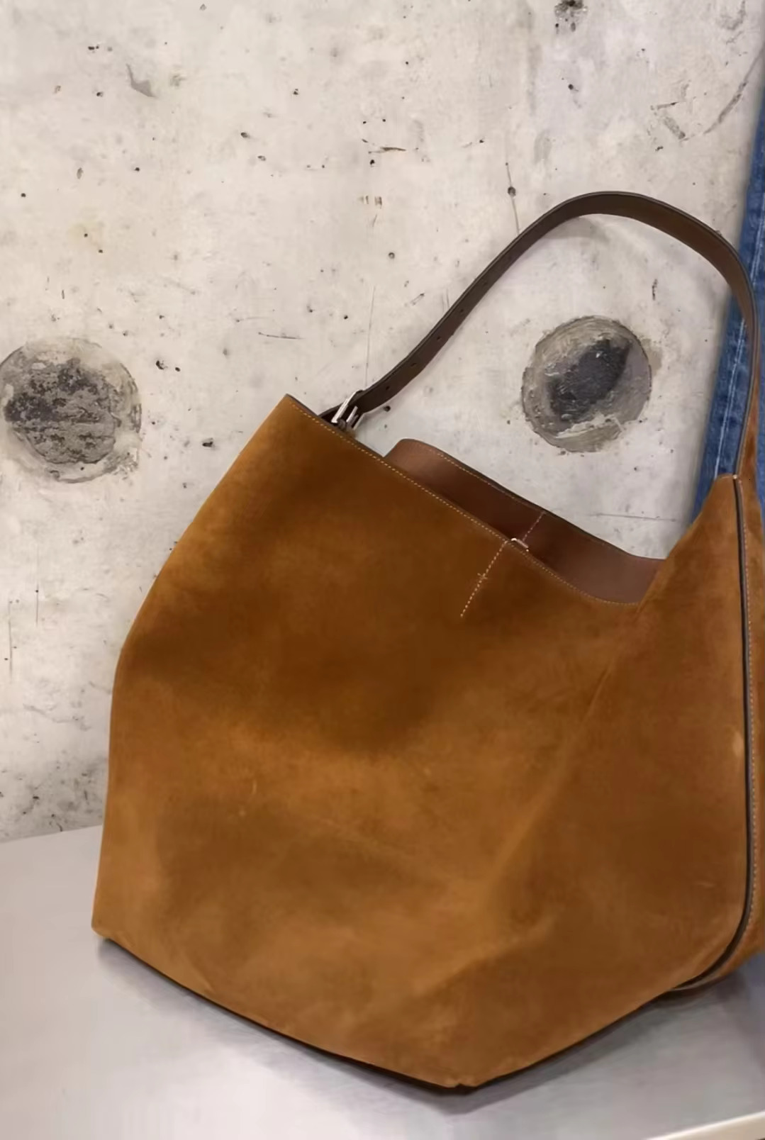 Jenny&Dave Minimalist Vintage Suede Frosted Cowhide Bucket Genuine Leather Commuter Large Capacity Tote Bag Women