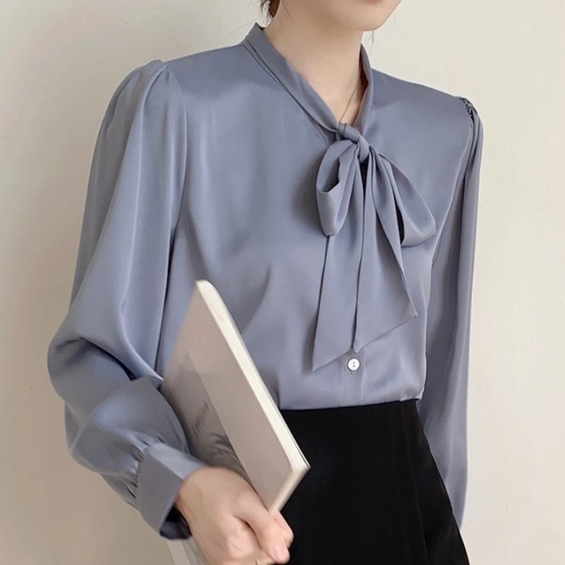 2025 Spring Autumn Satin Womens Bow Blouse Blue Long Sleeve Turndown Collar Casual Elegant Korean Office Lady Shirt Female 250121